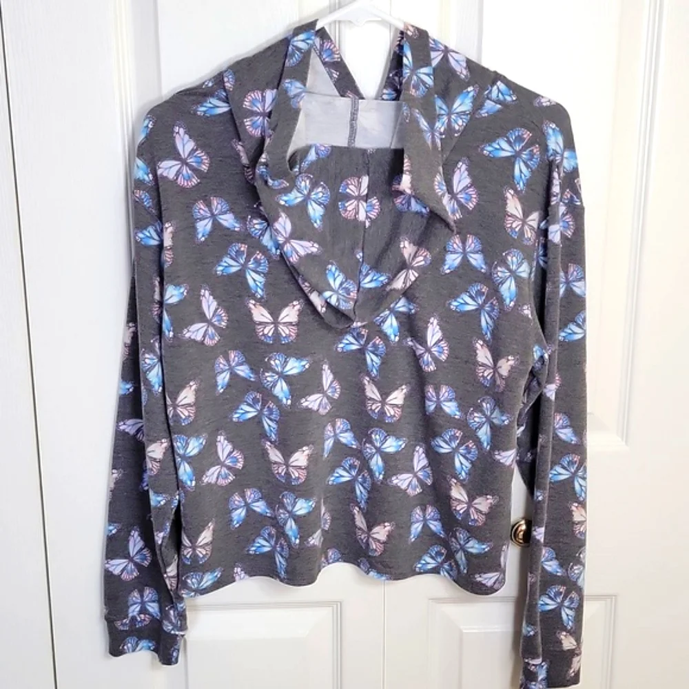 Art Class Girls Butterfly Print Hoodie Sweatshirt Grey Long Sleeve XL 14/16